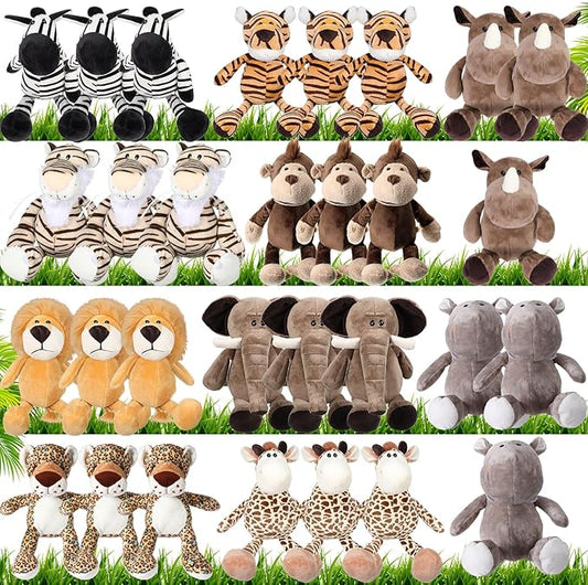 30 Pcs Safari Forest Stuffed Animals Plush Jungle Themed Animals Toys Gift Elephant Giraffe Lion Tiger Monkey Rhinoceros Zebra Tiger Leopard Hippo for Baby Shower Party Favors Decoration