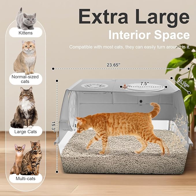 Stainless Steel Cat Litter Box with Lid, XL Extra Large Kitty Litter Box, Enclosed Top Entry Metal Litterbox for Big Cats, Easy Cleaning, Anti-Leakage & High Sided with Mat, Aisle & Scoop Light Grey