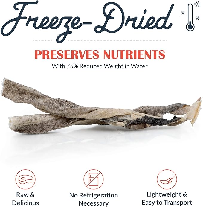 Freeze-Dried Raw Pet Treats for Dogs, Cod Skin Chews (6 Count)