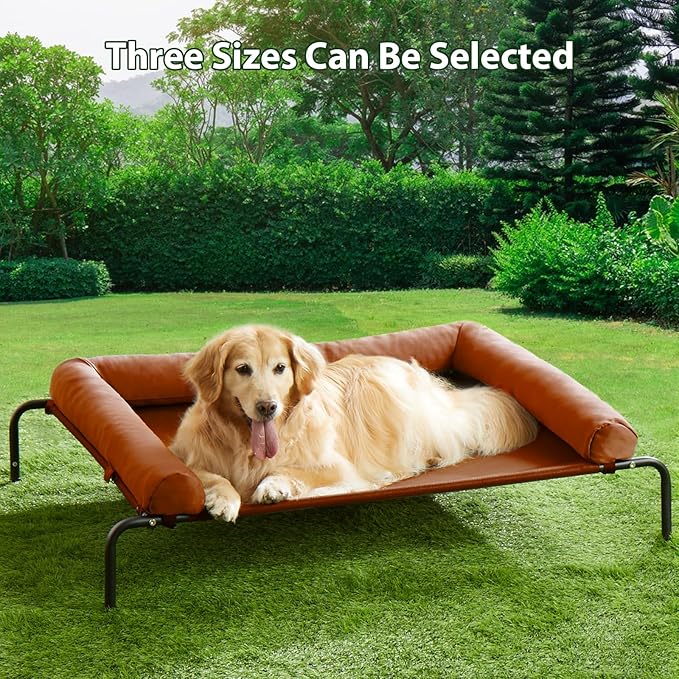 Cooling Elevated Dog Bed for Large Dogs – Waterproof Raised Dog Cot with Slope Headrest, Breathable Teslin Mesh, Durable & Portable Pet Bed for Indoor and Outdoor Use, Caramel
