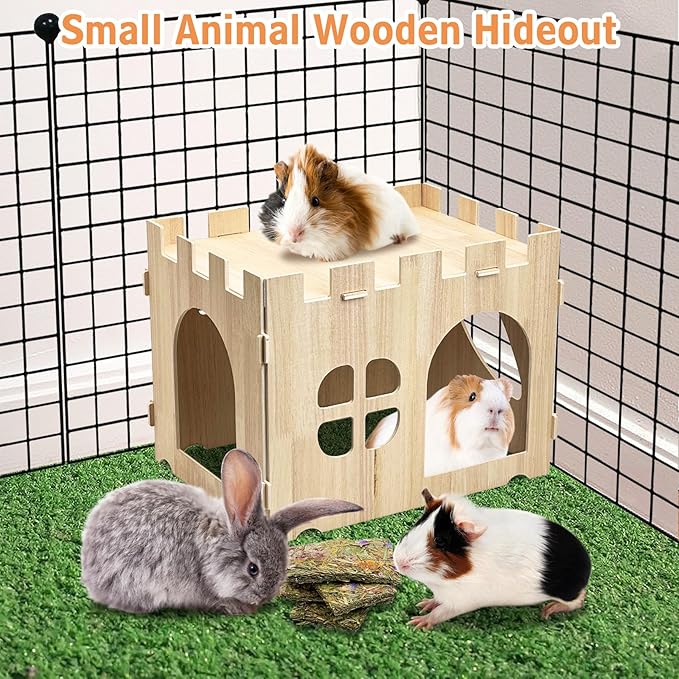 Fhiny Wooden Guinea Pig Hideout, Detachable Bunny Castle with 4 PCS Timothy Hay Chew Toys Guinea Pig Play Hideaway Cage Accessories for Indoor Rabbit Chinchilla Hedgehog Hamster Habitat