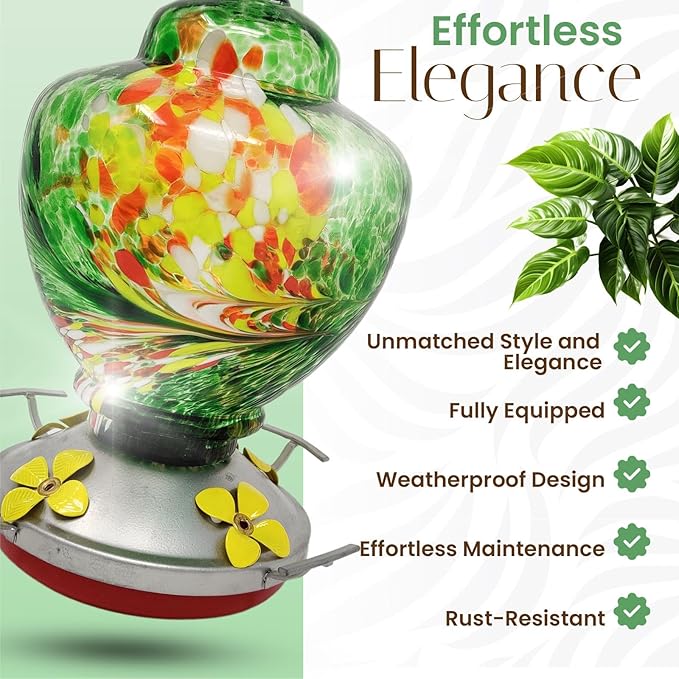 Nature Gear Hummingbird Feeder, Hanging-Mount Glass Hummingbird Feeders for Outdoors, Hand-Blown Glass Feeder with Ant Moat for Garden Hummingbirds, Easy to Clean & Rust Resistant, Emerald Green