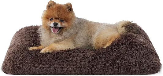 Bedsure Washable Small Dog Bed for Crate, Plush Calming Dog Crate Mat, Fluffy Pet Bed for Small Dogs, Plush Soft Comfort Sleeping Mat for Puppy, Anti-Slip Pet Kennel Pad, 24" x 18", Dark Brown