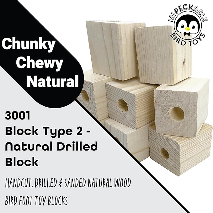 3001 Block Type 2 Natural Drilled Wood Blocks 8 Pack for Parrot Toys Cages Chew Parts for Conures Cockatiels Amazons African Greys Medium Bird Foraging Cage Accessories DIY