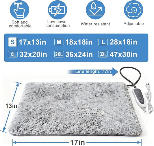 Cat Heating Pad, 17 x 13 in Cat Beds for Indoor Cats,Smart Temperature Switch Metal Protective Tube + Plush Fabric Cover Puppy Whelping Supplies- Grey