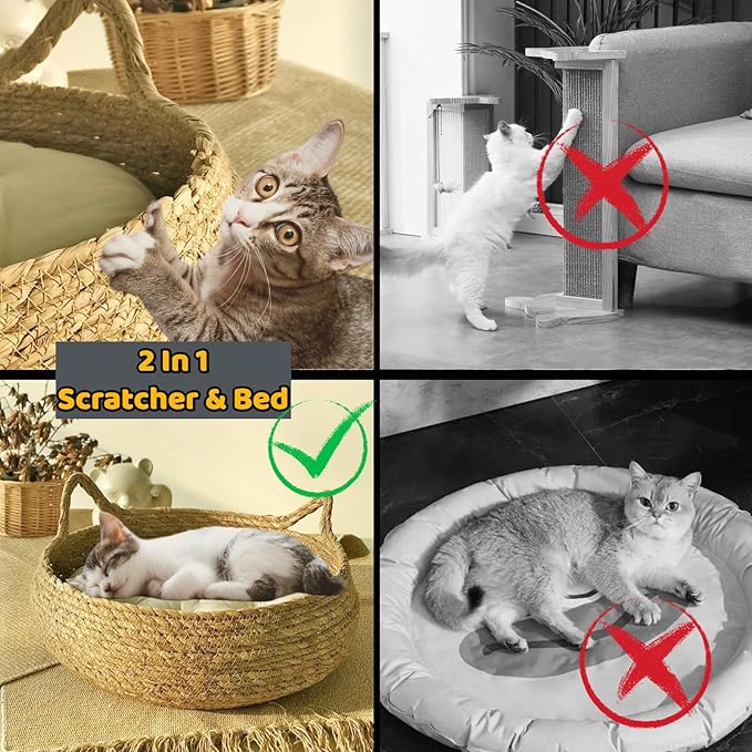 Natural Cat Bed Straw Nest Woven Pet House Handmade Braided Cattail Leaf with Soft Cushion 17 x 17 Inches