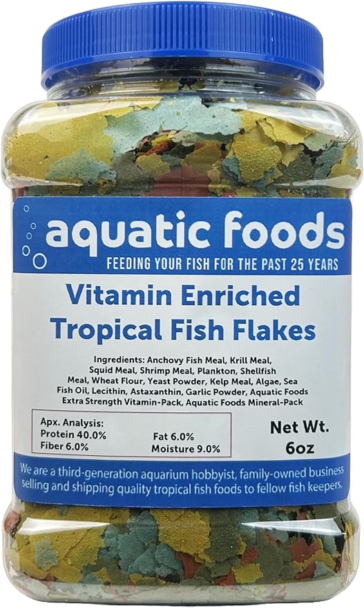 Aquatic Foods Inc. Premium Vitamin Enriched Tropical Flakes for All Community Tropical Fish, Cichlids and Pond Fish - AFI Vitamin Tropical Flakes …6oz Med Jar