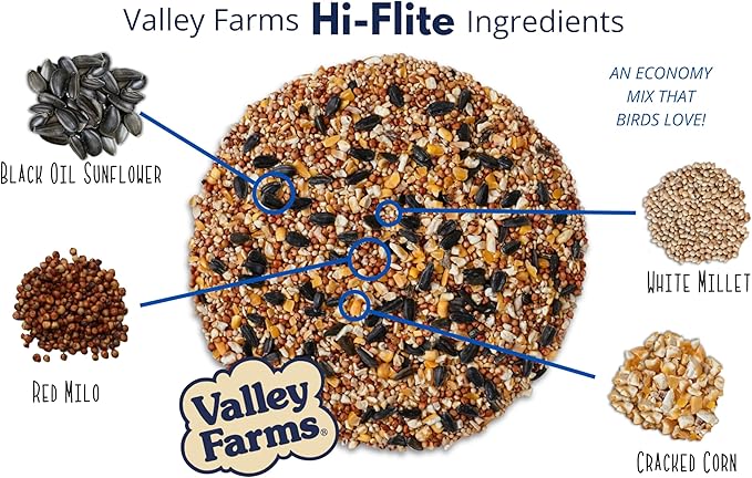Valley Farms Hi-Flite Wild Bird Food for Outside feeders, Bird Seed with Millet, Crack Corn, and Black Oil Sunflower Seeds Birds, Economy Bird Seed for Outside Feeders, Birdseed (40 LBS)