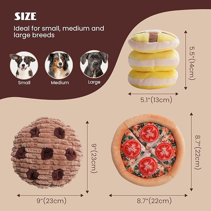 Nocciola Hide Treat Seek Food Dog Toys- Interactive Enrichment Burrow Snuffle Plush Stuffed Puppy Toys, Fun Crinkle Squeaky Durable Entertained Pet Supplies for Small Medium Large Breed, 3 Packs