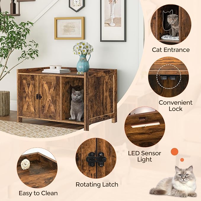 Cat Litter Box Enclosure, Hidden Litter Box Furniture with Divider, Indoor Cats House, Wooden Cat Washroom Storage Cabinet Bench, Side End Table Nightstand, Rustic Brown CWHR2501Z