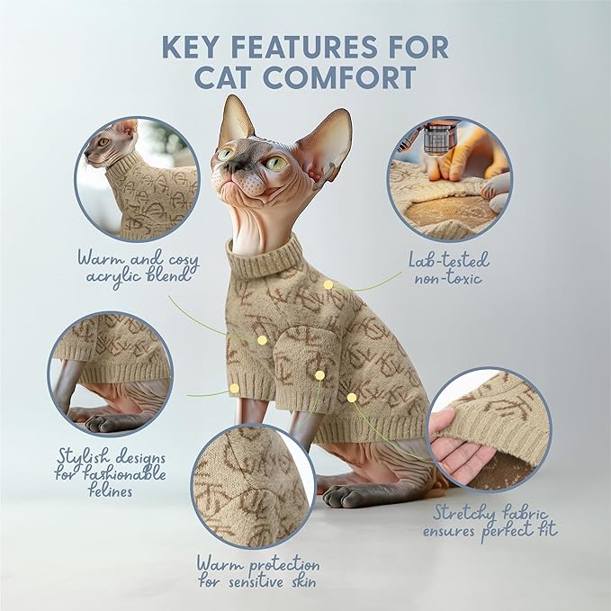 The Cat Ladies Monogram Cat Sweater - Comfortable and Stylish Kitty Sweaters for Cats Only - Warm Cat Apparel Supplies - Shirt Designed for Hairless Cats - Sphynx Cat Clothes - L