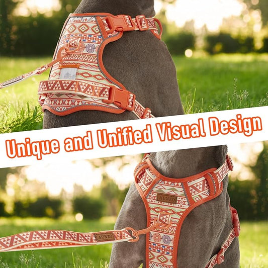 No Pull Dog Harness for Large Dogs with 2 Metal Clips, Easy On/Off with Neck Buckle, Heavy Duty Adjustable Puppy Vest, Breathable Pet Harness with Easy Control Handle, Orange Ethnic L
