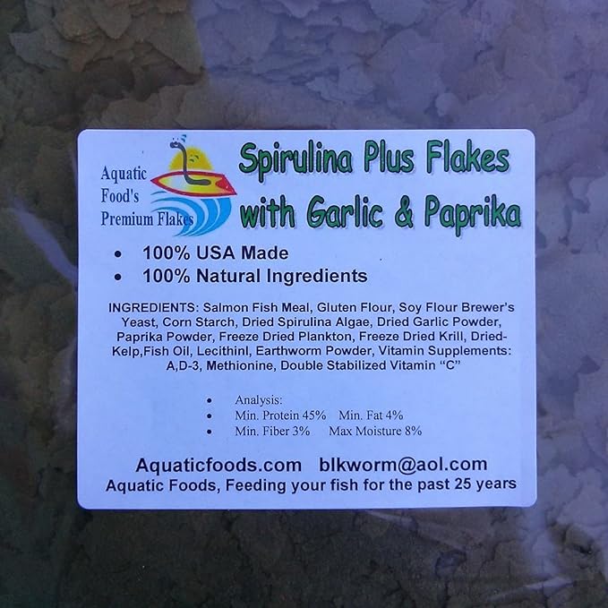 Aquatic Foods Inc. Vitamin Enriched Flakes with Garlic & Paprika for Cichlids, Discus, Plecos, Catfish, Shrimp, Crabs, Bottom Fish, All Community Tropical Fish...1/2-lb