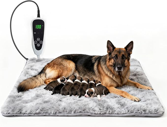 Extra Large Dog Heating Pad, 47×30 in Waterproof Heated Dog House, Upgraded Smart Thermostat Heated Dogs Bed with Wire Rope, Detachable Plush Mask, Whelping Box-Grey