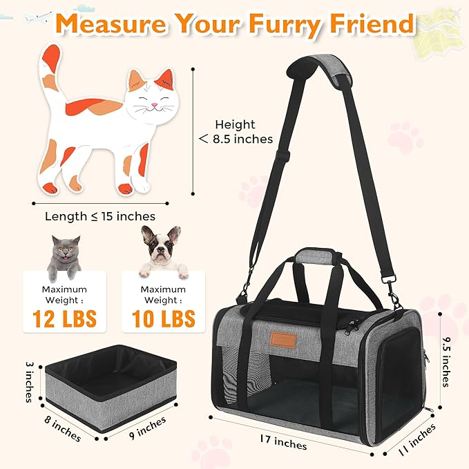 PETUX TSA Approved Pet Carrier in Cabin, 17"x11"x9.5" Cat Travel Carrier with Litter Box for Small Cats up to 12 lb, Portable Breathable Airline Approved Cat Carriers for Travel and Vet Visit, Grey