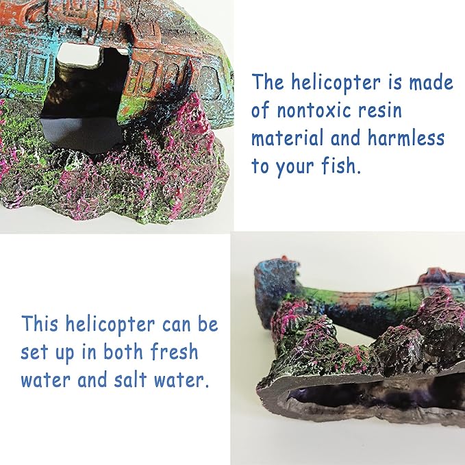 Helicopter Ruins Landscaping Fish Shrimp Shelter Resin Stone Tank Decoration for Turtles