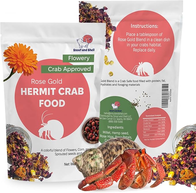 Rose Gold Natural Hermit Crab Food – Rose Petals, Calendula & Sprouted Grains – 39g – Snout and Shell