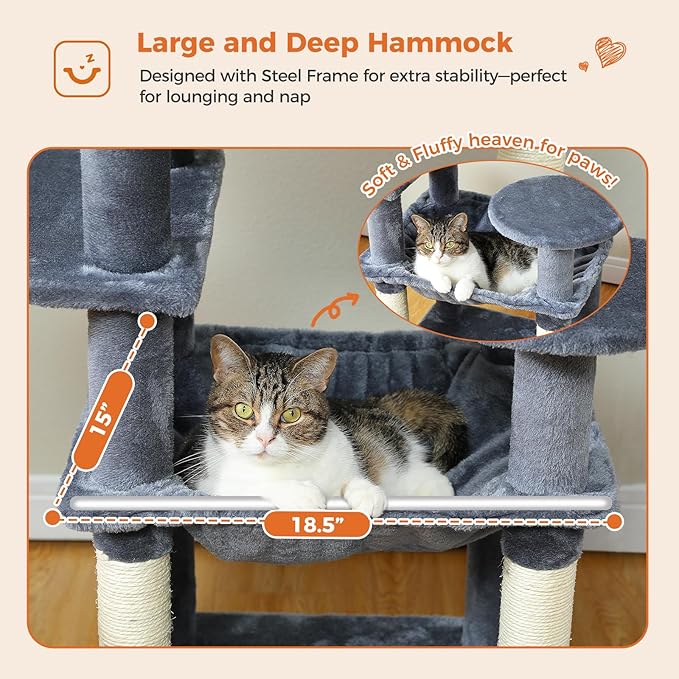 64.5-inch Plush Cat Tree for Indoor Cats with Large Metal Frame Hammock - Multi-Level Cat Tower with 2 Top Perches, 2 Condos, 7 Scratching Posts & Pompoms, Sturdy Pet House Toys, Dark Grey