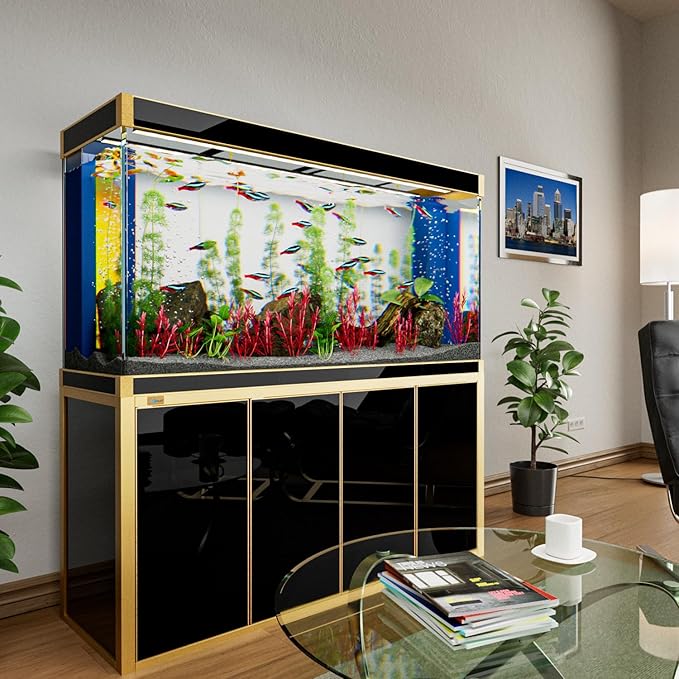 250 Gallon Aquarium Tempered Ultra-Clear Glass with Complete Setup in Black with Gold Trims