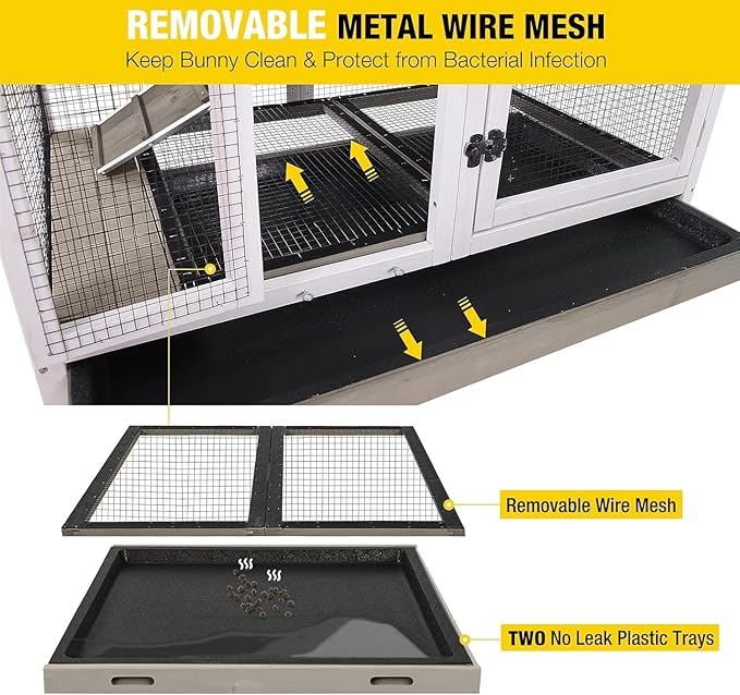 Aivituvin Large Rabbit Hutch with Removable Wire Netting, 2 Deep Trays, 4 Wheels, Sliding Door, and Extra Access Door - Mocca Color