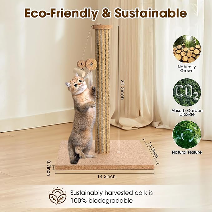 Natural Cork Cat Scratching Post with Feather Toy, 14.2 inch Stable Base, Eco-Friendly Scratch-Safe & Noise-Reducing for Claw Health, Fits Home Decor