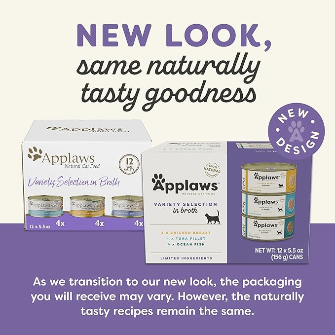 Applaws Natural Wet Cat Food in Broth, Limited and Natural Ingredients, High Protein with No Artificial Additives, Variety Pack in Broth (12 x 5.5oz Cans)