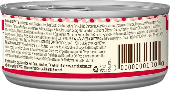 Merrick Purrfect Bistro Grain Free Premium Soft Canned Pate Adult Wet Cat Food, High Protein Beef Recipe - (Pack of 24) 3 oz. Cans