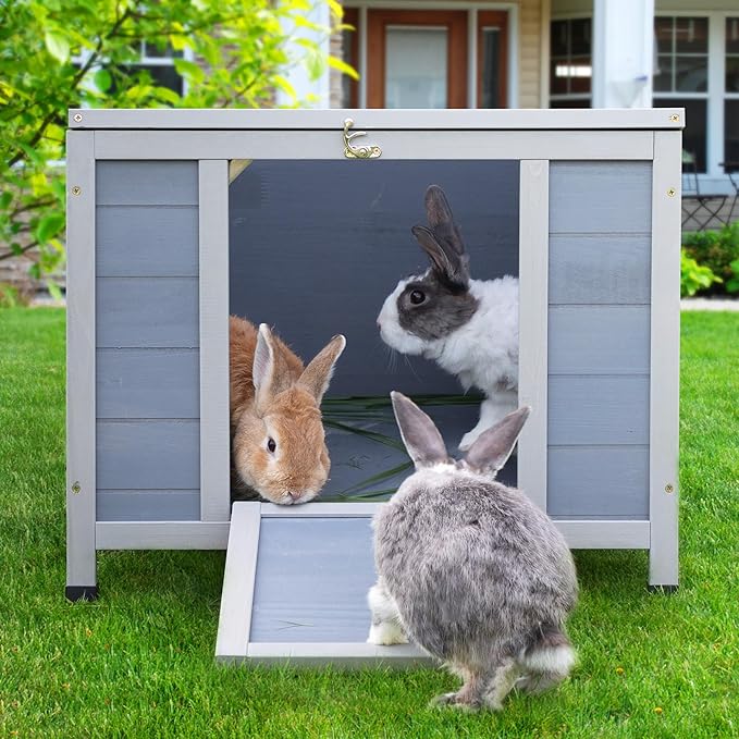 COZIWOW 24in Wooden Cat House Outdoor & Indoor Pet Shelter with Foldable Ramp - Weatherproof Rabbit Hutch with Unique Machine-Printed Art Designs for Cat, Rabbit, Guinea Pig (Grey)