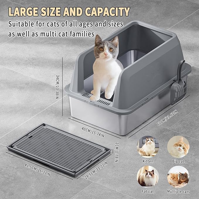Stainless Steel Litter Box,Large Cat Litter Box with Cat Litter Mat,23.62 L×15.75 W×13.78 H,Heightened Fence Design,Easy to Clean, Odor-Free,Pet Toilet Supplies Wite Shovel