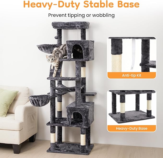 73" Multi-Level Cat Tree Tower for Large Cats with Scratching Posts, Condos, Perch, Hammocks & Toys, Large Cat Jungle Gym for Indoor Cats, Ideal for Multi-Cat Households, Grey