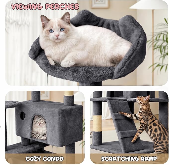 MoNiBloom Cat Tree, 77 Inch Cat Tree Tower with 2 Condo, Tall Cat Tower with Scratching Post, Cat Climbing Tower, Cat Tree for Indoor Cats, Smoky Grey