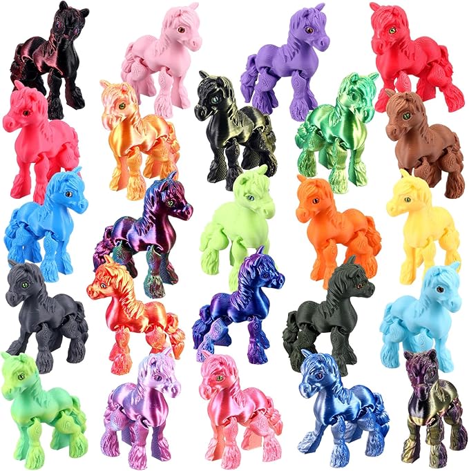 Honoson 24 Pcs 3D Printed Horse Fidget Toy 3D Printed Small Animal Toy Flexible Cute Articulating Pet Stress Relief Fidget Toys for Play and Display