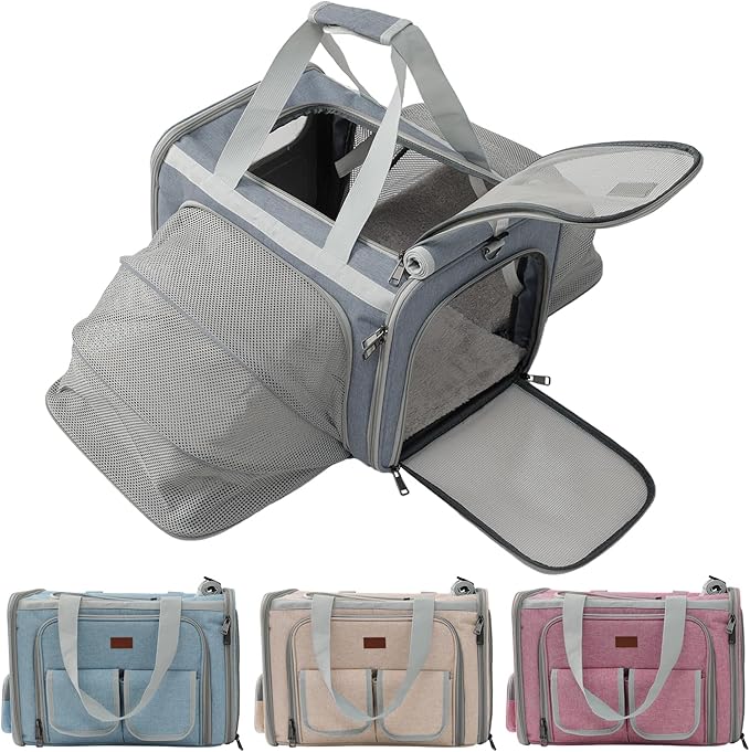 Dog Carrier Cat Carriers Grey Soft Pets Bag Airline Approved Dog Carrier for Small Dogs Carrier,2Sides Expand,Stylish Rabbit Bunny Pets Carriers Travel Outdoor Carry Kennel
