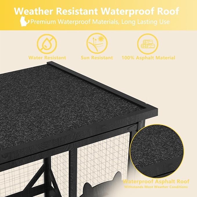 ROOMTEC Catio Outdoor Enclosure With Roof - 71" Height Wooden House, Large Cage With 3 Jumping Platforms and 1 Napping House for Cat Activity (Black)
