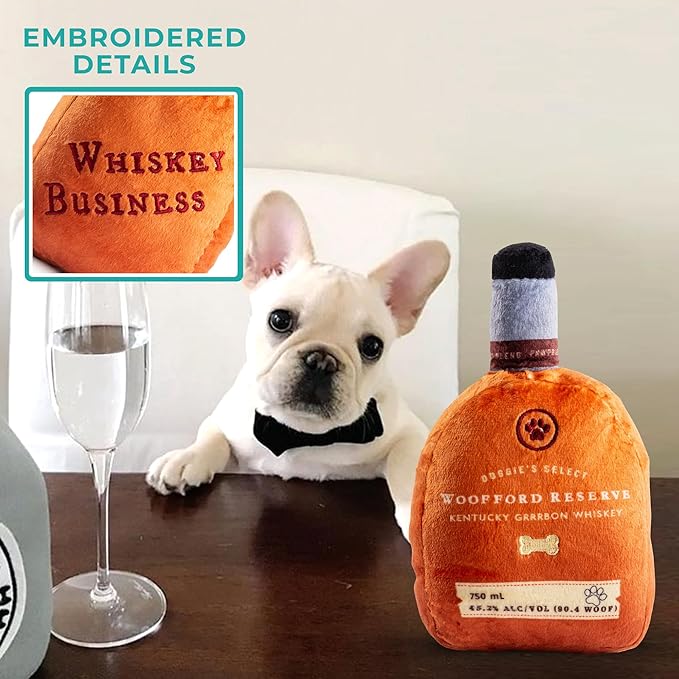 Haute Diggity Dog Woofford Reserve Bourbon Bottle Parody Plush Dog Toy for Medium & Large Dogs, Drink-Inspired Stuffed Dog Toys with Interactive Squeaker, Machine-Washable, Durable & Safe, One Size