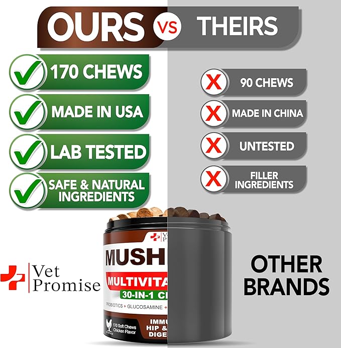 Mushroom for Dogs - 170 Chews - Turkey Tail - Mushroom Supplement for Dogs - Lions Mane - Reishi - Immunity Support Multivitamin Vitamins - Joint Health - Energy - Gut - Skin - Made in USA
