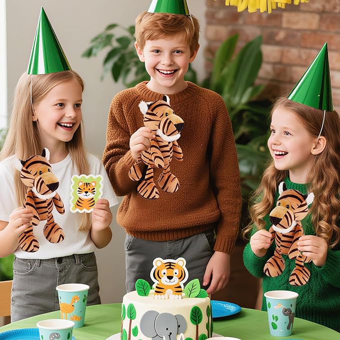 6 Pcs Safari Stuffed Animals Bulk Lion Elephant Monkey Tiger Toy Plush Zoo Animals Junble for Boy Girl Gift Animal Themed Parties Baby Shower Favor(Tiger)