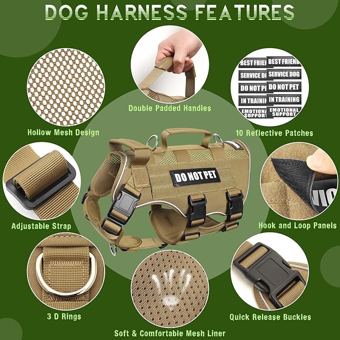 WINSEE Mesh Dog Harness with 10 Pet Patches for Small Service Dog in Training, Breathable Tactical Molle Vest with Double Handle, Reflective Military Pet Vest for Walking Hiking