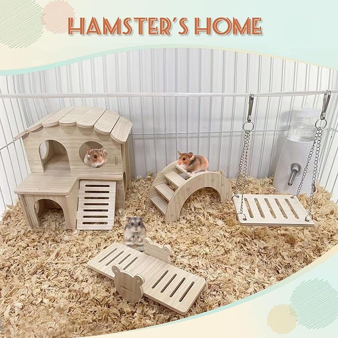 LOS ANDES Hamster Maze Double-Decker Wood House, Hamster Seesaw Toy, Bridge and Swing for Dwarf Gerbil Mouse Mice Rat Small Animals(Only for Small Hamster)