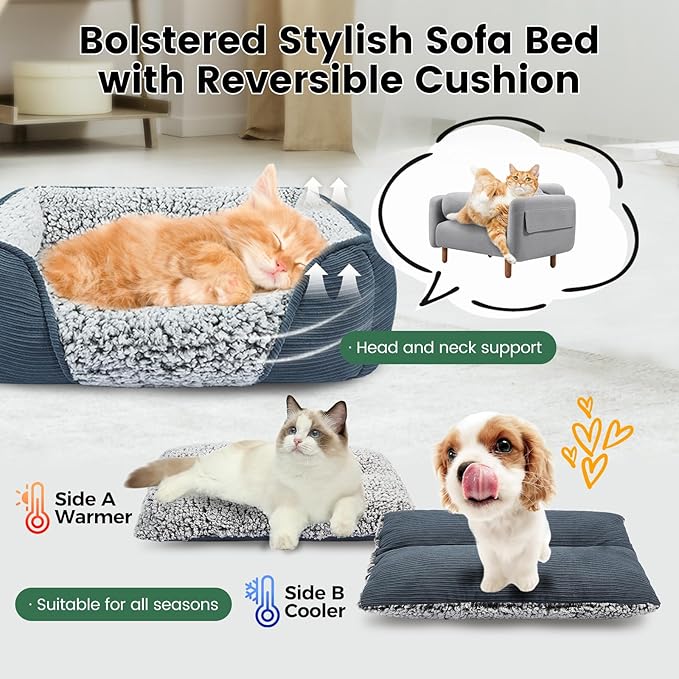 Miguel Washable Dog Bed With Removable Cushion for Medium Small Dogs, Easy to Wash Pet Sofa With Side, Rectangle Bolster Cat Calming Cuddle Puppy Bed With Anti-Slip Bottom, Blue 25 Inch