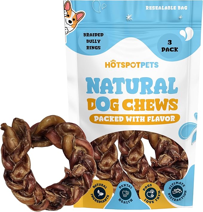 hotspot pets Braided Bully Stick Rings for Dogs - (3 Pack) Premium All Natural Long Twisted Beef Pizzle Dog Chew Treats - Grain Free Fully Digestible Rawhide Alternative Bones