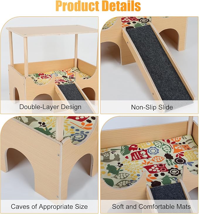 Guinea Pig Hideout Castle 2 Tierd Sturdy Wooden Hamster Castle Detachable Guinea Pig Hideout House with Ramp and Cushion Small Animal House Hut Habitats for Chinchillas Playing Hiding (Double Decker)