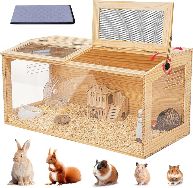 Hamster Cage 40" Wooden Chewproof, 270° View Large Habitat with Bite-Proof Metal Mesh & Top Dual Access Doors, Acrylic Sheets & Solid Build for Dwarf Syrian Hamsters/Gerbils/Guinea Pigs/Chinchillas