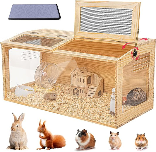 Hamster Cage 40" Wooden Chewproof, 270° View Large Habitat with Bite-Proof Metal Mesh & Top Dual Access Doors, Acrylic Sheets & Solid Build for Dwarf Syrian Hamsters/Gerbils/Guinea Pigs/Chinchillas