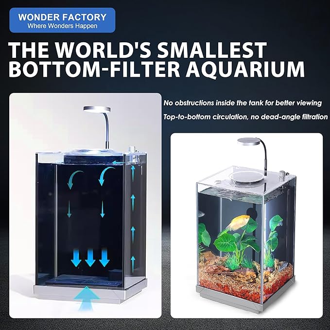 Nano Desktop Betta Fish Tank Set, 2.7 Gallon Glass Aquarium Hidden Bottom Filtration System Self Cleaning Filter Light Gravel Plant Cleaning Tool, for Small Space Easy Setup Space-Saving Design