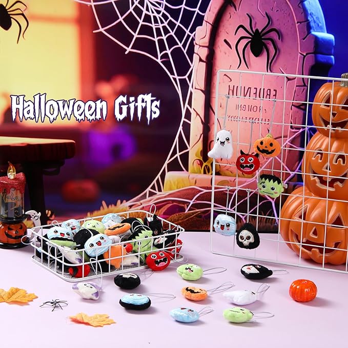 Libima 60 Pcs Halloween Plush Toy Bulk Mini Stuffed Animals Halloween Plush Keychain Set for Trick or Treat Carnival Birthday Party Favors Gifts Classroom Prizes