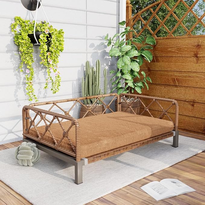 Outdoor Wicker Dog Bed Indoor Rattan Dogs Sofa with Soft Cushion, Dog Couch & Furniture, Pet Bed with Crate Pad(Brown Wicker and Cushion, Large and Medium)