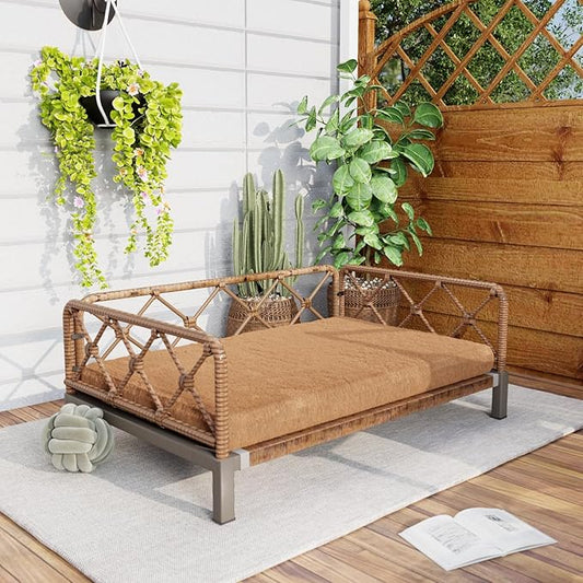 Outdoor Wicker Dog Bed Indoor Rattan Dogs Sofa with Soft Cushion, Dog Couch & Furniture, Pet Bed with Crate Pad(Brown Wicker and Cushion, Large and Medium)