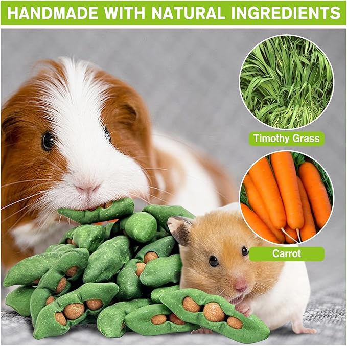 Fhiny Peapods Hamster Chew Toys, 12 PCS Natural Timothy Grass Carrot Guinea Pig Chew Toys for Teeth Handmade Small Animal Molar Snacks Dental Care for Bunny Chinchilla Hamster Gerbil Boredom Breaker