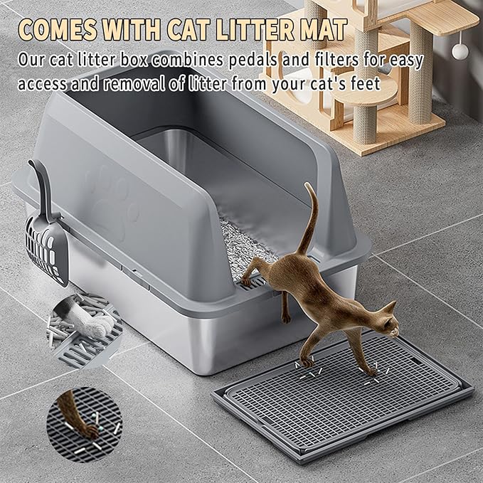 Stainless Steel Litter Box,Large Cat Litter Box with Cat Litter Mat,23.62 L×15.75 W×13.78 H,Heightened Fence Design,Easy to Clean, Odor-Free,Pet Toilet Supplies Wite Shovel